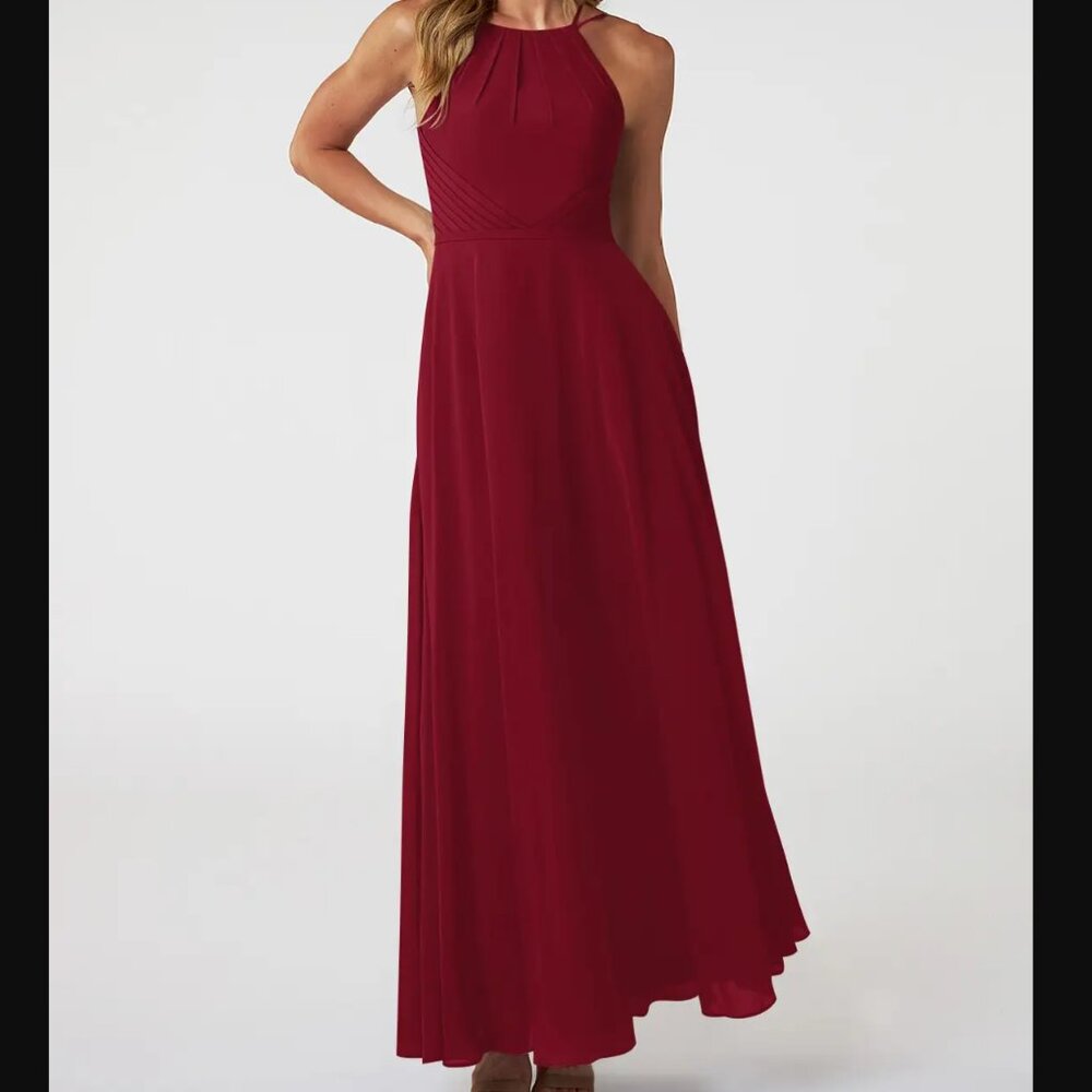 Azazie | Melinda A-Line Pleated Chiffon Floor-Length Dress Burgundy